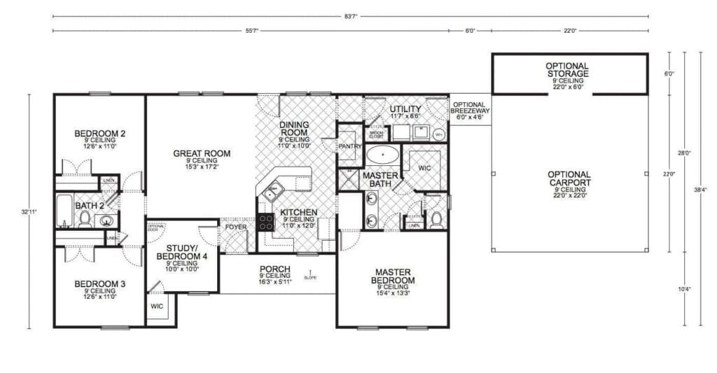 Durango Classic custom home floor plan - 4 Bed / 2 Bath / 1,632 Sq Ft